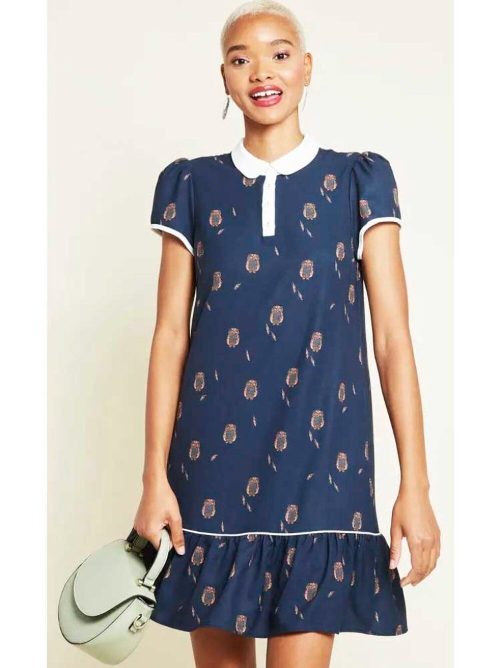 Modcloth Women's Navy Blue Owl Print Polo Preppy Shift Mini Dress  A-line 1X